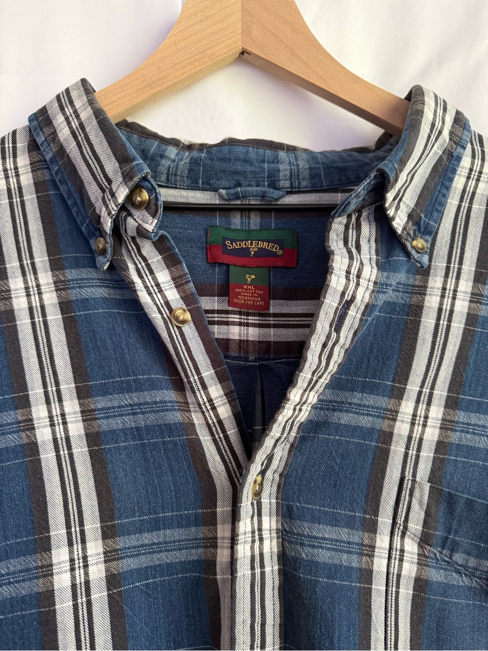 Saddlebred Men's XXL Blue Plaid Dense Heavyweight 100% Cotton Button-Down Shirt